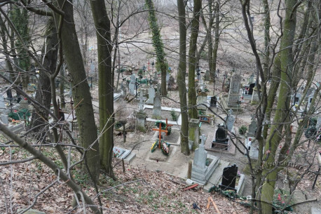 Вигляд передньої частини цвинтаря від вулиці Заклинських. Вигляд із пагорба на захід  від цвинтаря