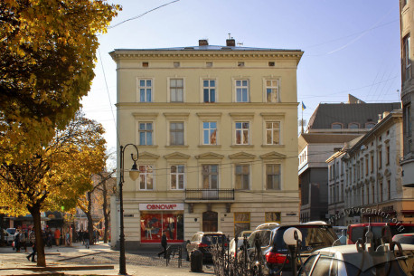 Vul. Halytska, 20. The building's main (northeastern facade)