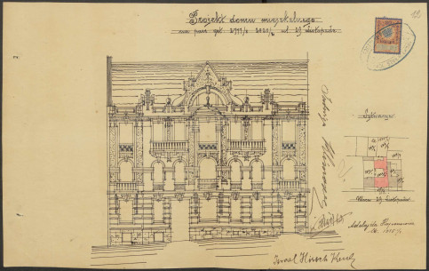 Первинний проєкт фасаду авторства Броніслава Бауера (1910)