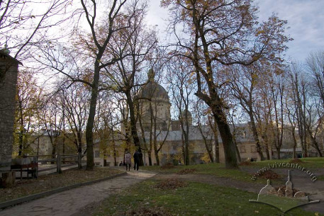 Pidvalna/Vynnychenka greenway.  Through the trees lies the historical skyline of central Lviv.