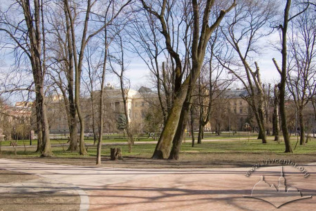 Ivan Franko Park, lower terrace.  Beyond the treeline, University.