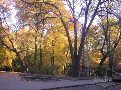 Ivan Franko Park, autumn.  Entrance to the central lane from Mateyka Street.Assymetrical lane sketches of the upper park.