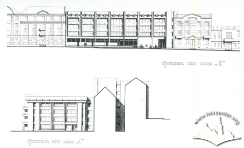 Overhead view of the building façade from Henerala Chuprynky Street; eye-level view of building façade from the courtyard