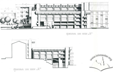 Overhead view of the façade from Pryrodna Street; side façade