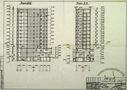 Publishing House, cross section view (left) and side section view (right) (Lviv Prombudproekt, archives)