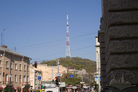 Lviv Castle Hill and Castle Hill Park on its slopes, viewed from the southwest near the Opera Theater in the city center.