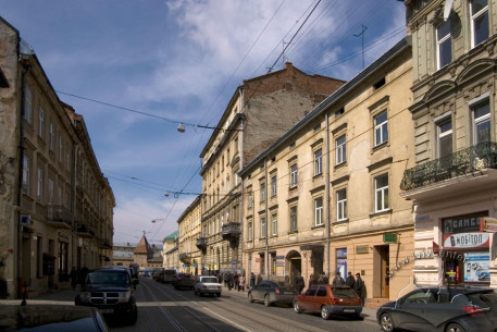 Vul. Lychakivska, a view from the east. Old Hlynianksa gate is on the background. Building #5 is 3rd on the right