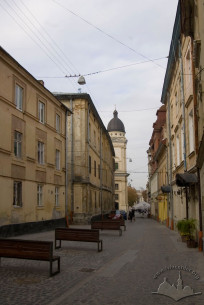 Lesi Ukrainky str. as seen from the east. Buidling #10 is in the center. Transfiguration church is seen on the background