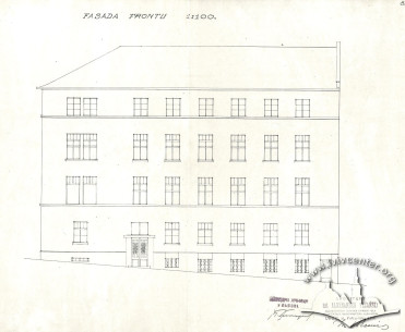 Facade design of the new hospital building, designed by Oleksandr Pezhanskyi (Aleksander Peżański), 1938