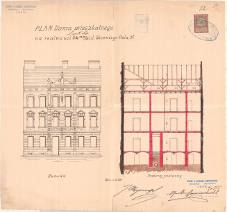 Фасад і розріз з оригінального проєкту будинку (1908)