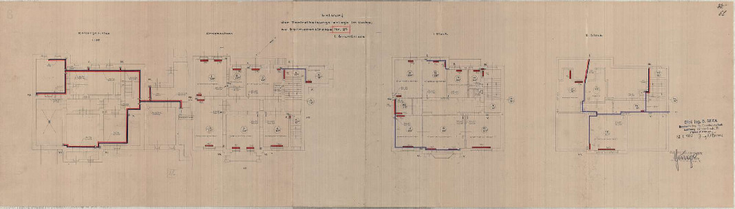 Креслення Б. Сілки 1942 року на прокладення системи центрального опалення