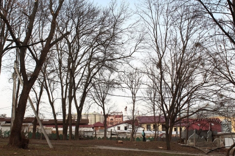A view towards north. Market and Lviv beer brewing factory buildings are seen