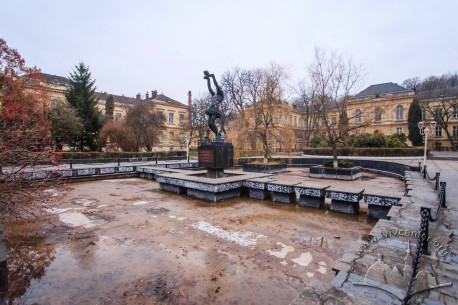 Вул. Пекарська, 52. Пам'ятник медикам, які загинули у часи 2 Світової війни, що розміщений у центрі ансамблю. На дальньому плані – корпус патології (зліва) і анатомії (справа)