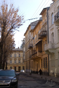 A view from western part of Bohomoltsia str. Buildings #8 and a fragment of #6 are also seen (at the right)