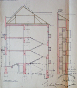 Original design drafts. Transverse section and staircase section