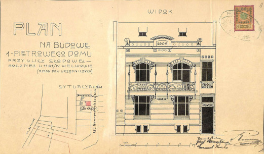 Situation plan and the main elevation from the original 1908 project