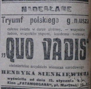 Реклама фільму "Quo vadis" у кінотеатрі "Фатаморгана", газета "Kurjer Lwowski", 13 січня 1918 року