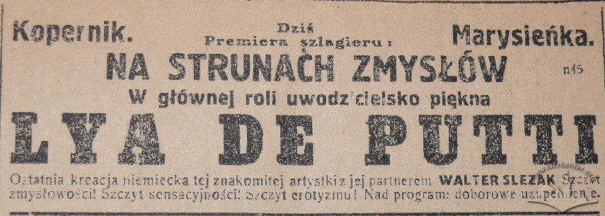 Рекламне оголошення кінотеатрів “Коперник” та “Марисенька”, газета “Słowo Polskie”, 3 січня 1927 року
